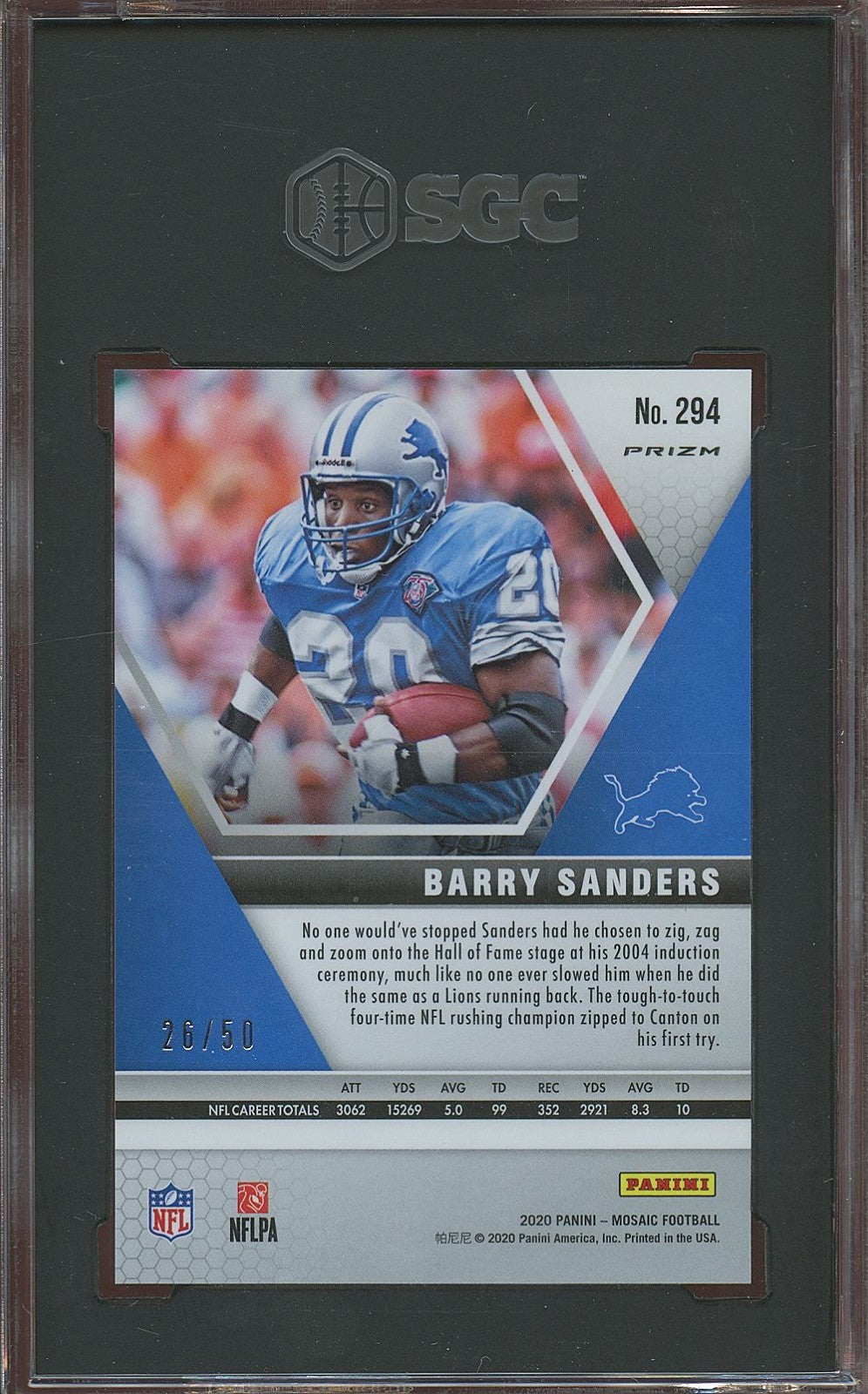 Barry Sanders 2020 Mosaic Purple No Huddle Disco Prizm Lions 26/50 SGC 9