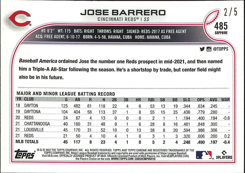 Jose Barrero 2022 Topps Chrome Sapphire Red Refractor SSP Cincinnati Reds 2/5