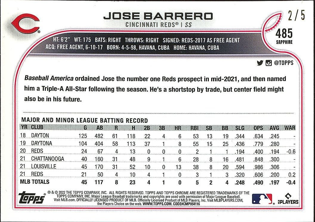 Jose Barrero 2022 Topps Chrome Sapphire Red Refractor SSP Cincinnati Reds 2/5