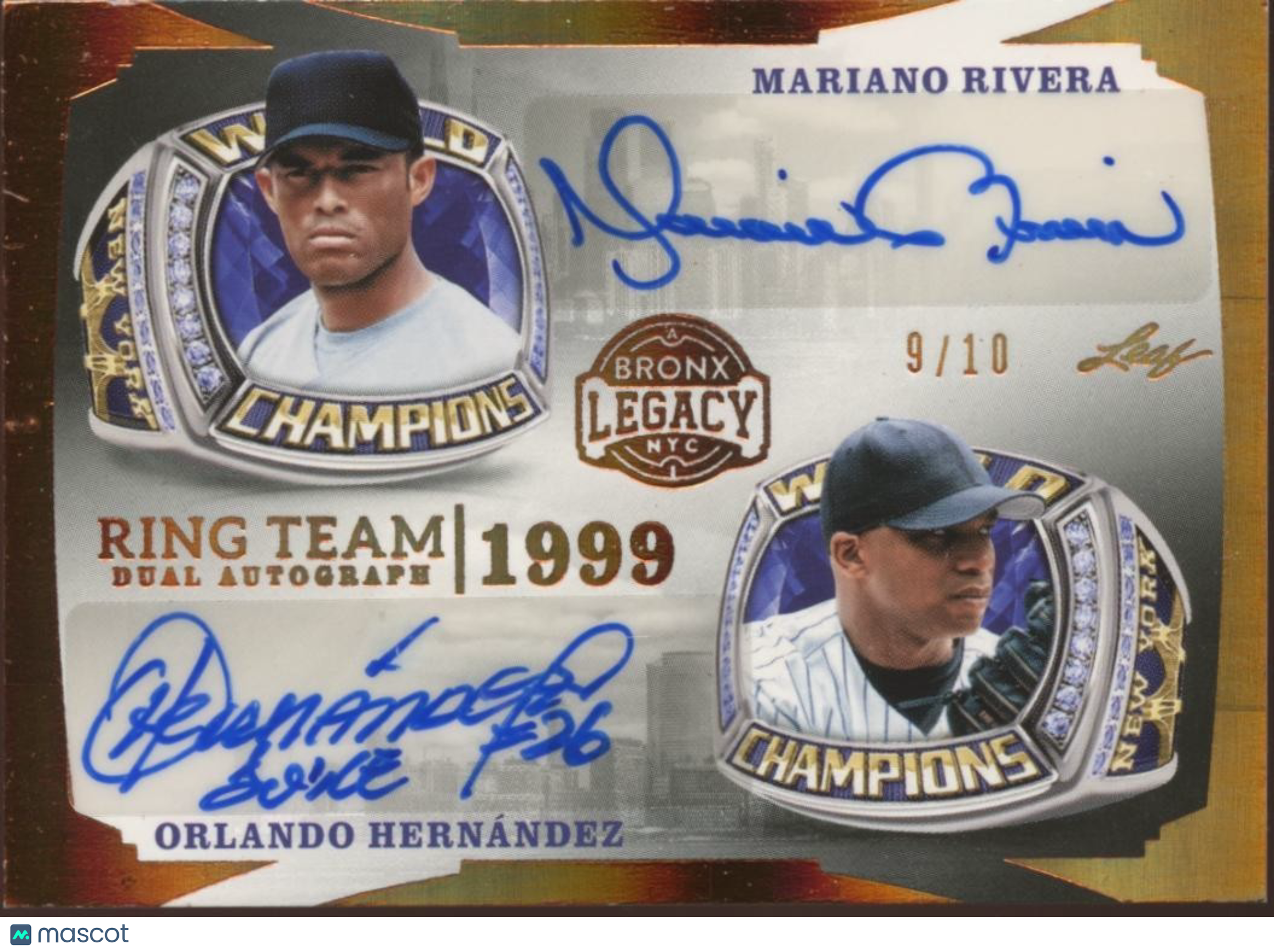 Mariano Rivera / Orlando Hernandez 2024 Leaf Dual Auto Autograph NY Yankees 9/10