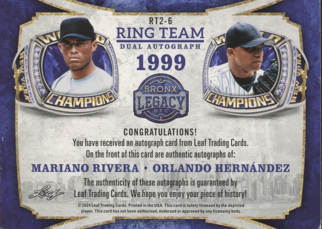 Mariano Rivera / Orlando Hernandez 2024 Leaf Dual Auto Autograph NY Yankees 9/10