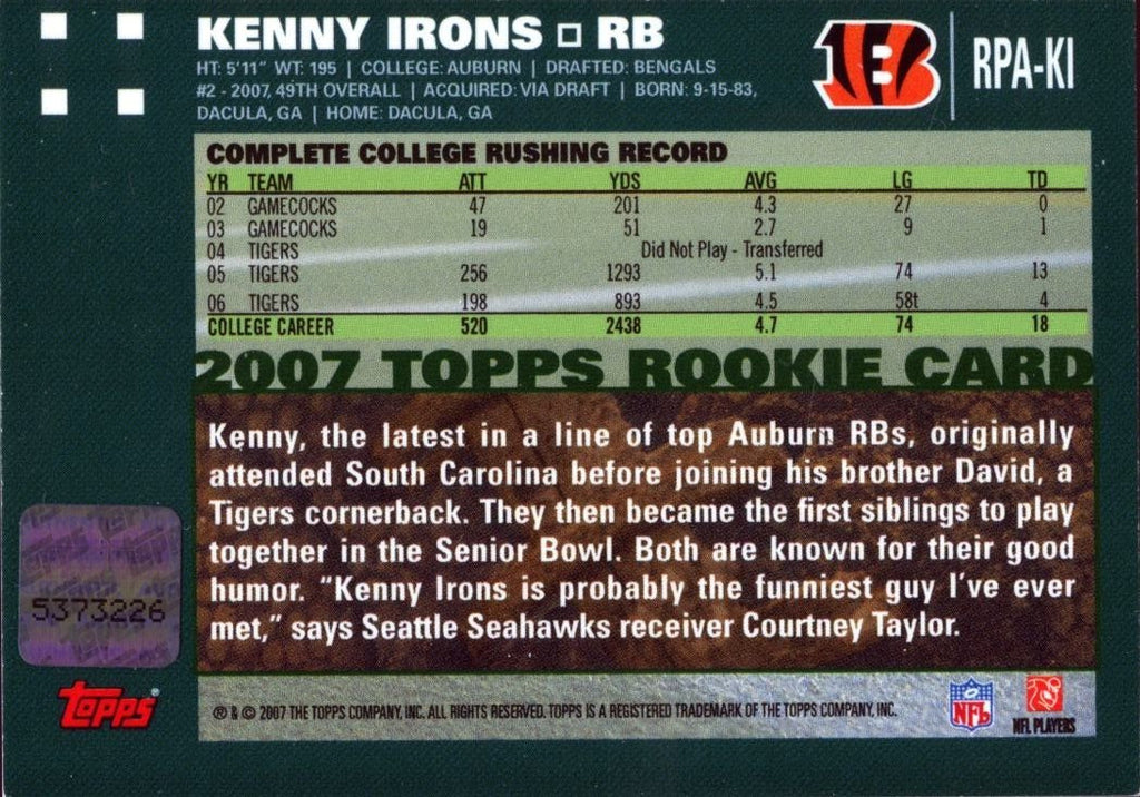 Kenny Irons 2007 Topps Red Zone Red Ink Auto Autograph SSP RC Cincinnati Bengals