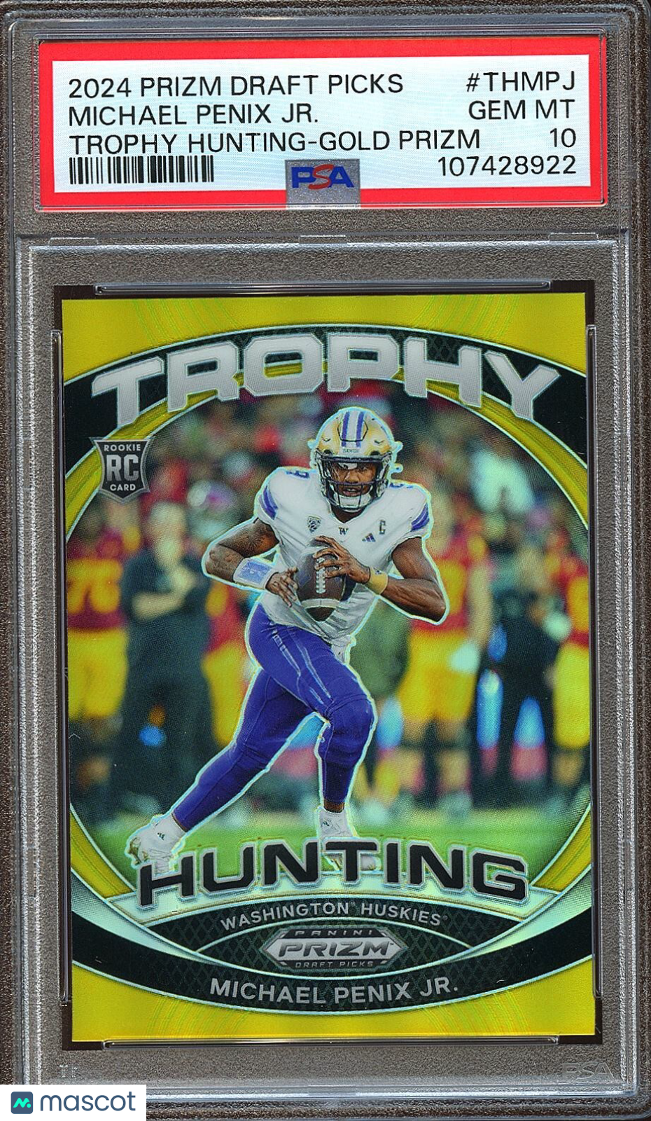 Michael Penix Jr. 2024 Prizm Draft Trophy Hunting GOLD RC Falcons 2/10 PSA 10
