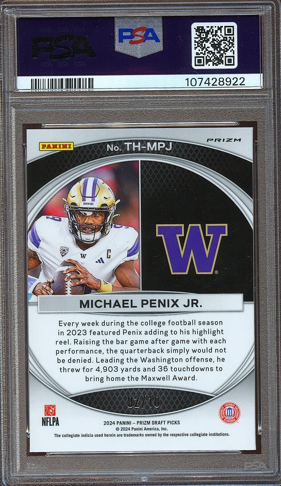 Michael Penix Jr. 2024 Prizm Draft Trophy Hunting GOLD RC Falcons 2/10 PSA 10