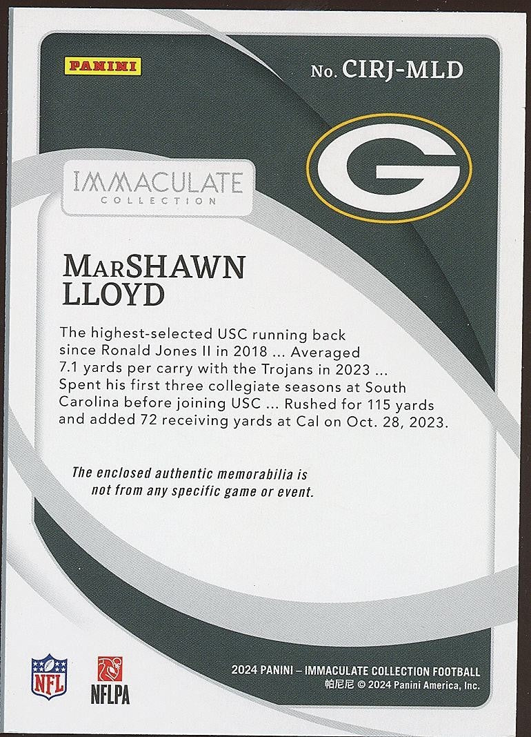 Marshawn Lloyd 2024 Immaculate Nike Swoosh Patch RC Green Bay Packers 2/10