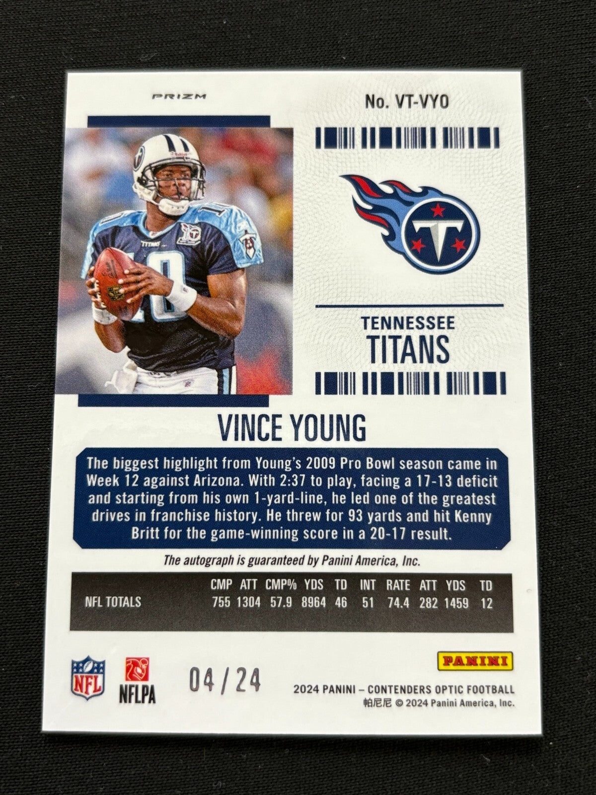 Vince Young 2024 Contenders Blue Finite Auto Autograph Titans Longhorns 4/24