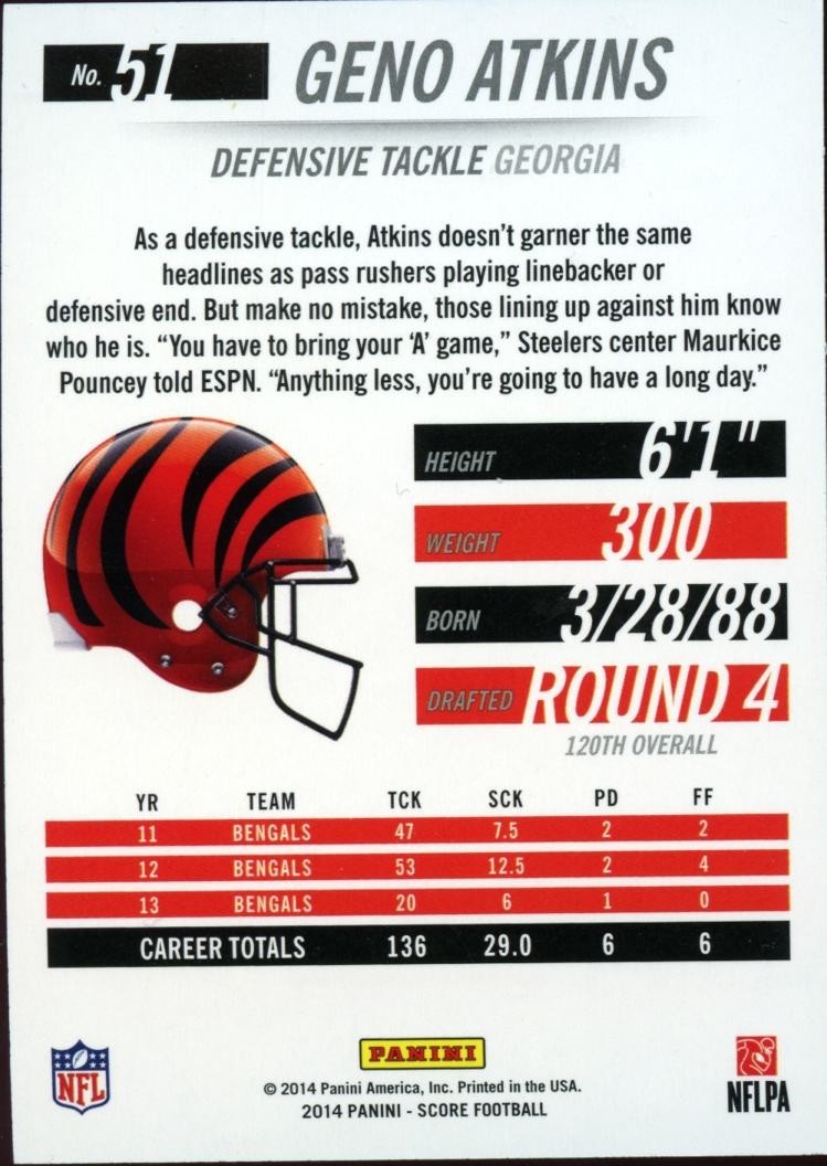 Geno Atkins 2014 Score Red Zone SSP Cincinnati Bengals 16/20
