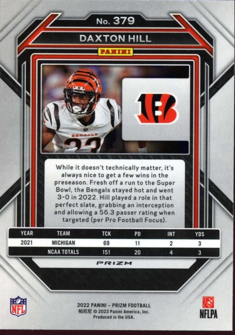 Daxton Hill 2022 Prizm Retail Red Prizm Shortprint SSP Rookie RC Bengals #379