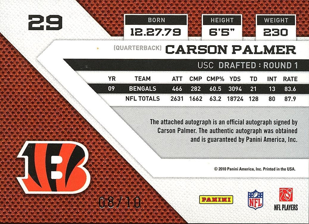 Carson Palmer 2010 Panini Threads Auto Autograph SSP Cincinnati Bengals 8/10