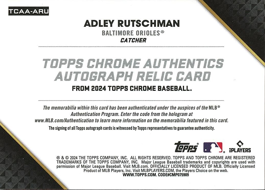 Adley Rutschman 2024 Topps Chrome Auto Autograph Patch Baltimore Orioles 23/99