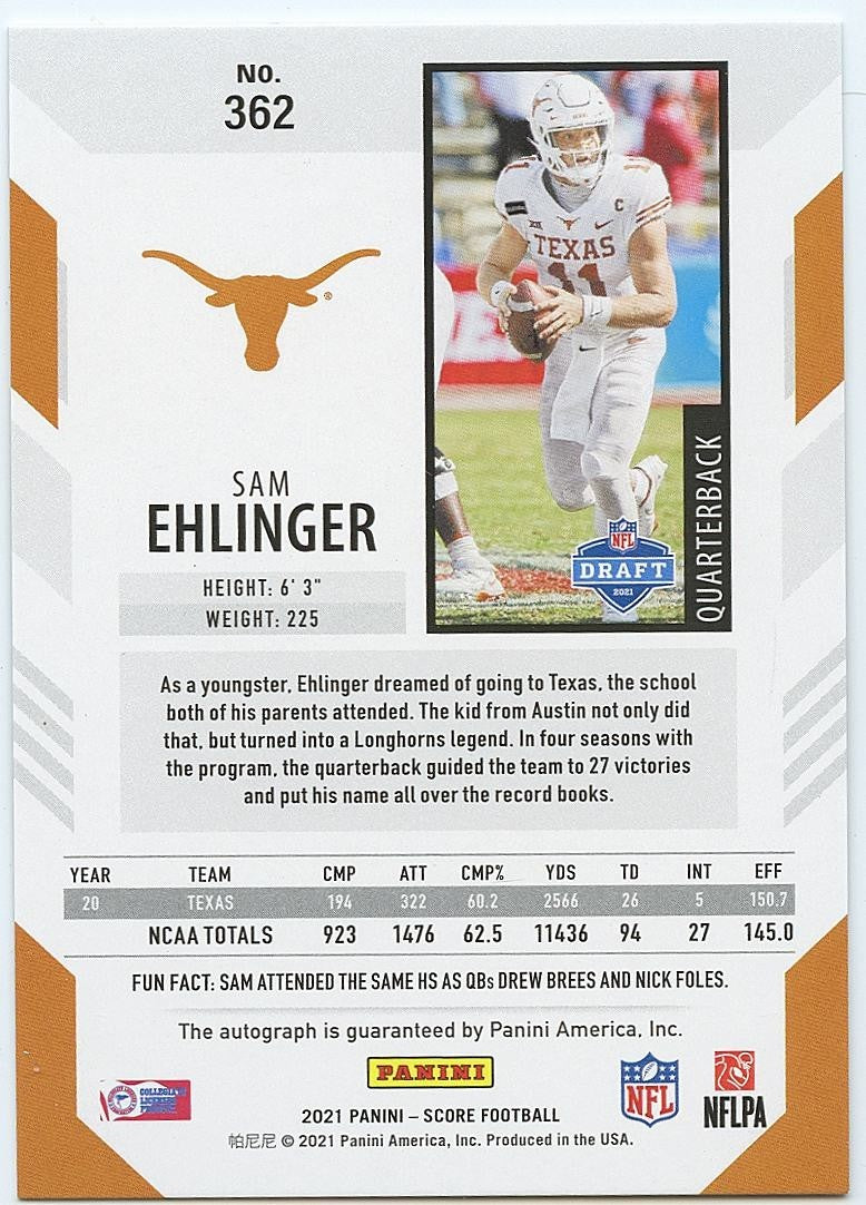 Sam Ehlinger 2021 Score GOLD Zone Auto Autograph RC Texas Longhorns 25/50