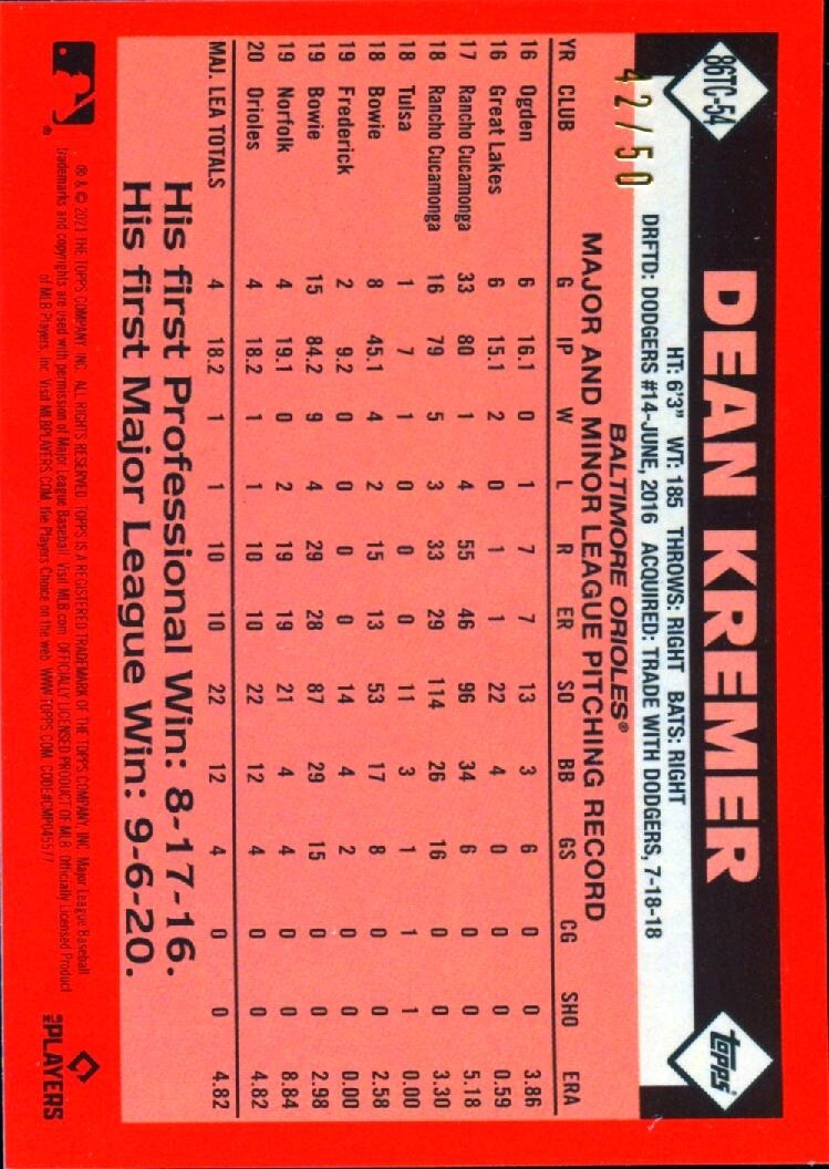 Dean Kremer 2021 Topps Chrome '86 GOLD Refractor Rookie RC Orioles 42/50