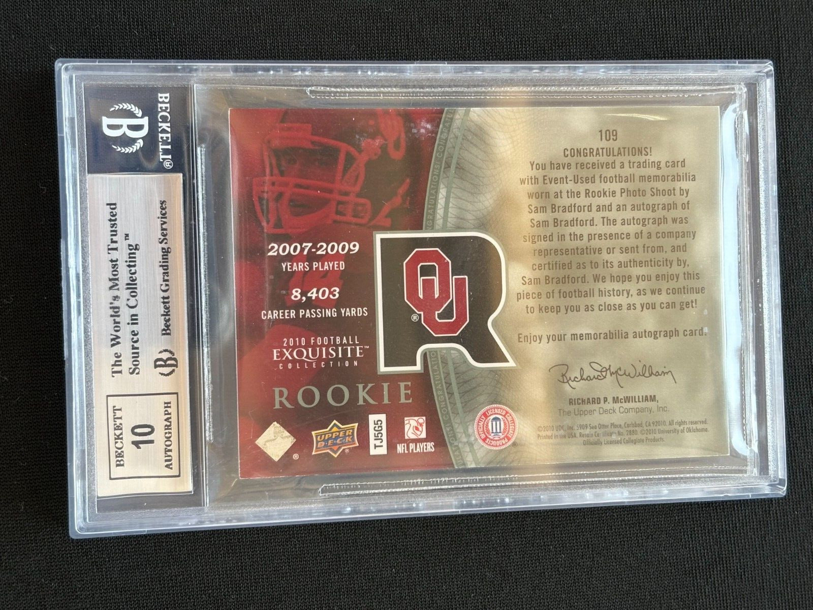 Sam Bradford 2010 Exquisite Auto Autograph Patch RC Oklahoma Sooners 8/10 BGS 9
