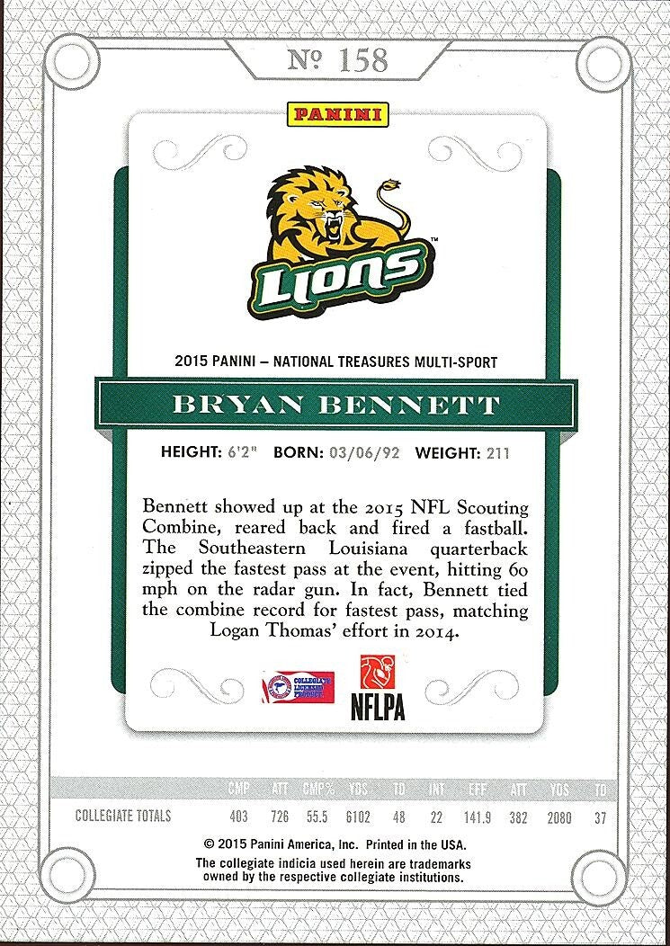 Bryan Bennett 2015 National Treasures Rookie RC North Dakota State 10/25 #158
