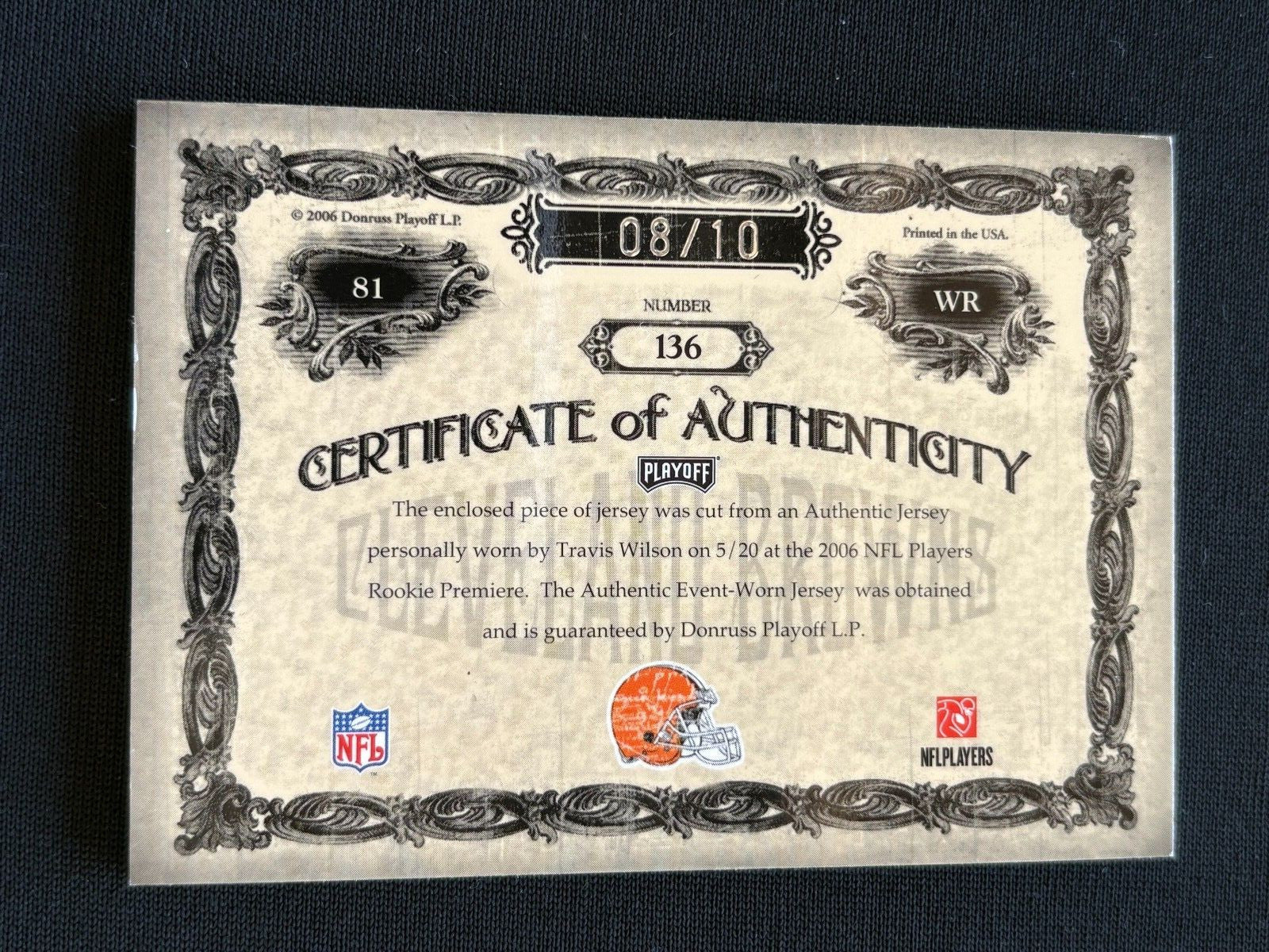 Travis Wilson 2006 National Treasures Rebook Logo Patch RC Browns Sooners 8/10