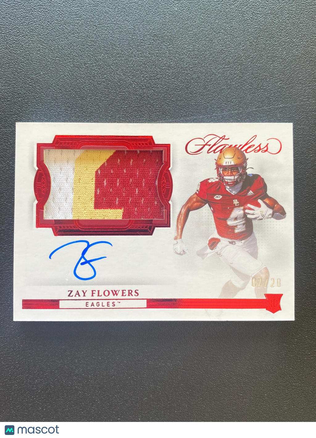 Zay Flowers 2023 Flawless Auto Autograph Patch Red RC Boston College Ravens 7/20