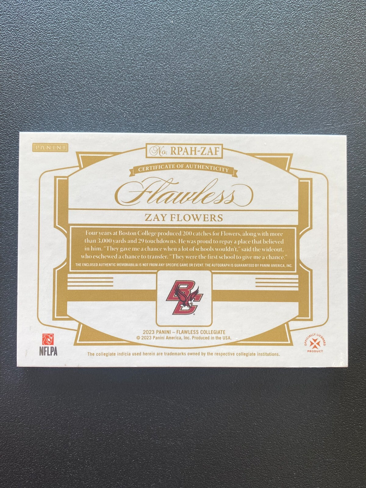 Zay Flowers 2023 Flawless Auto Autograph Patch Red RC Boston College Ravens 7/20