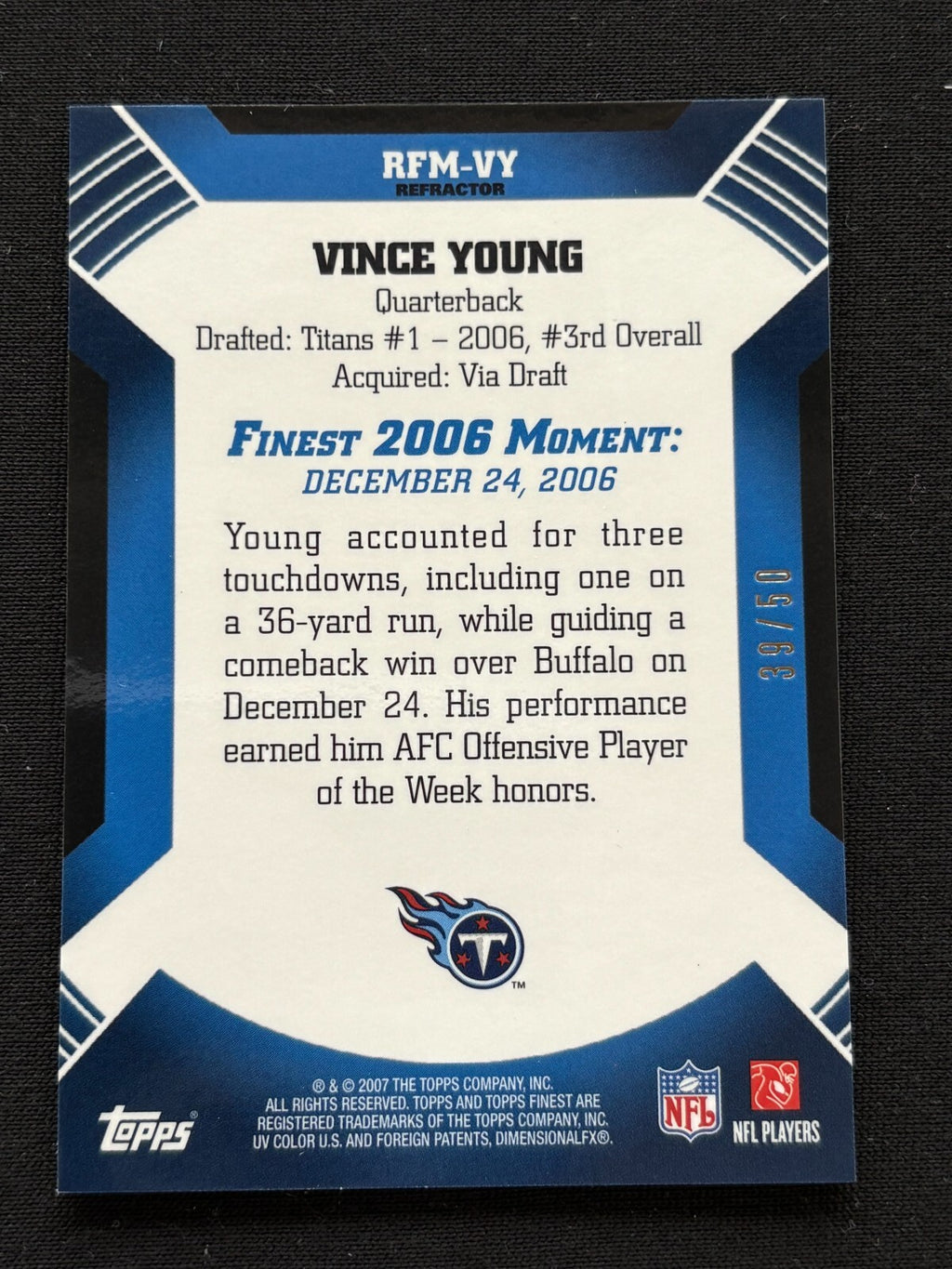Vince Young 2007 Topps Finest GOLD Refractor Titans Texas Longhorns 39/50