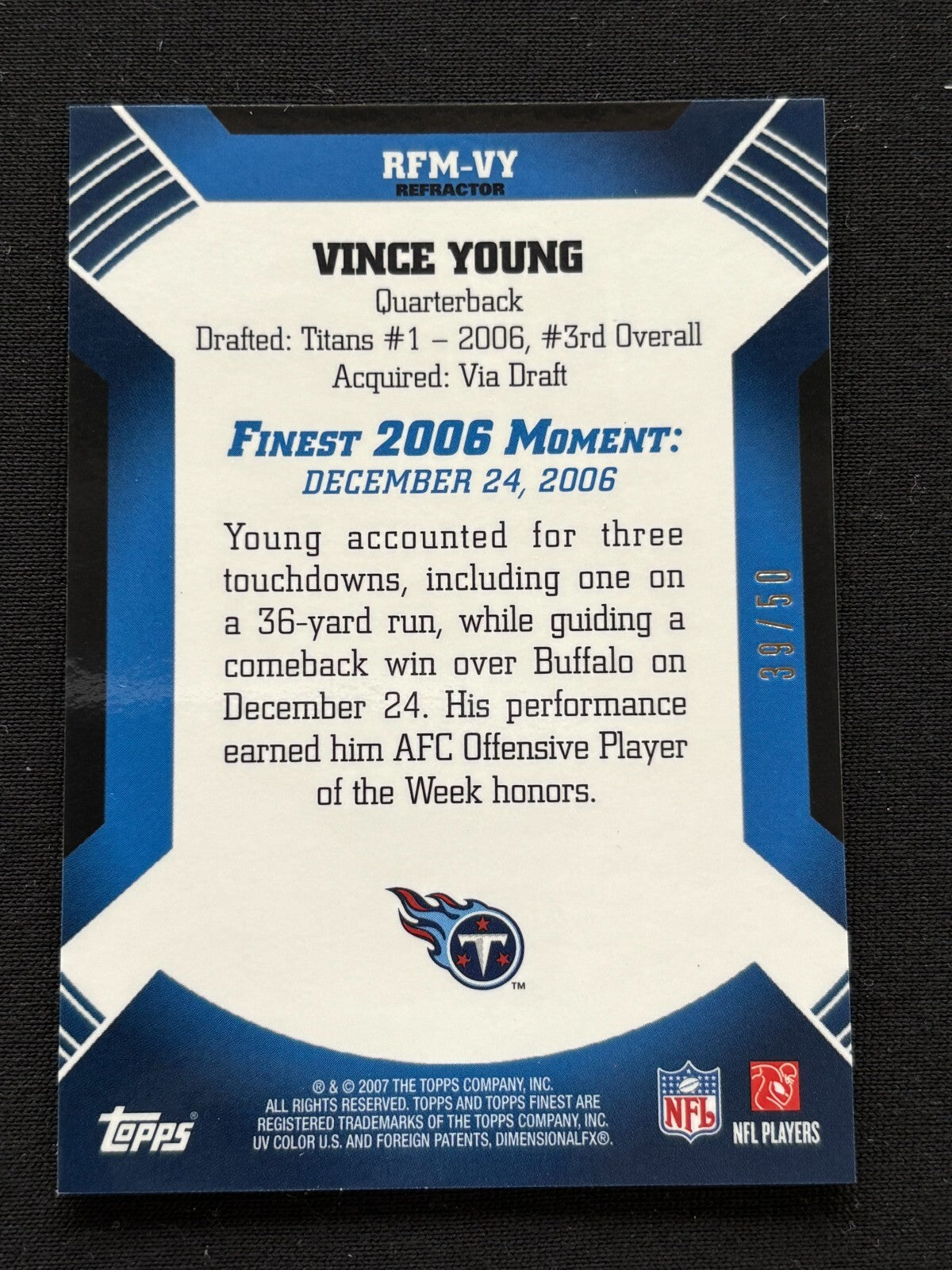 Vince Young 2007 Topps Finest GOLD Refractor Titans Texas Longhorns 39/50