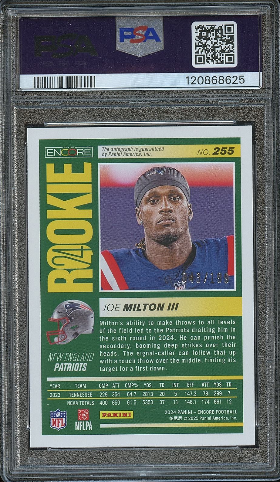 Joe Milton 2024 Encore Auto Autograph RC Rookie NE Patriots Cowboys PSA 10 10