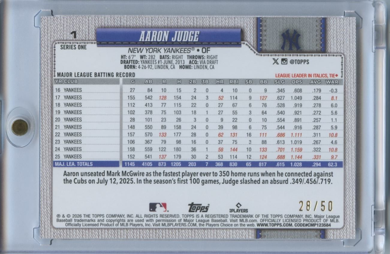 Aaron Judge 2026 Topps GOLD Walk This Way New York Yankees 28/50 #1