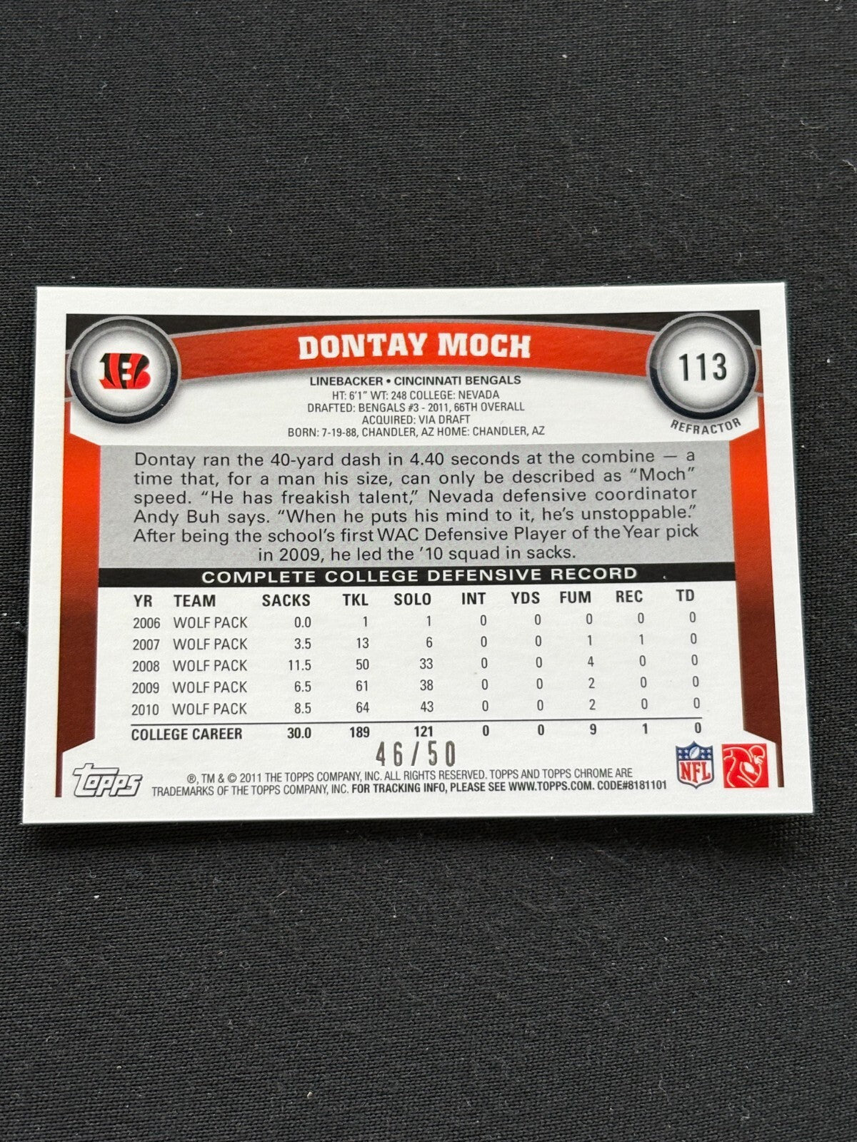 Dontay Moch 2011 Topps Chrome GOLD Refractor Rookie RC Cincinnati Bengals 46/50