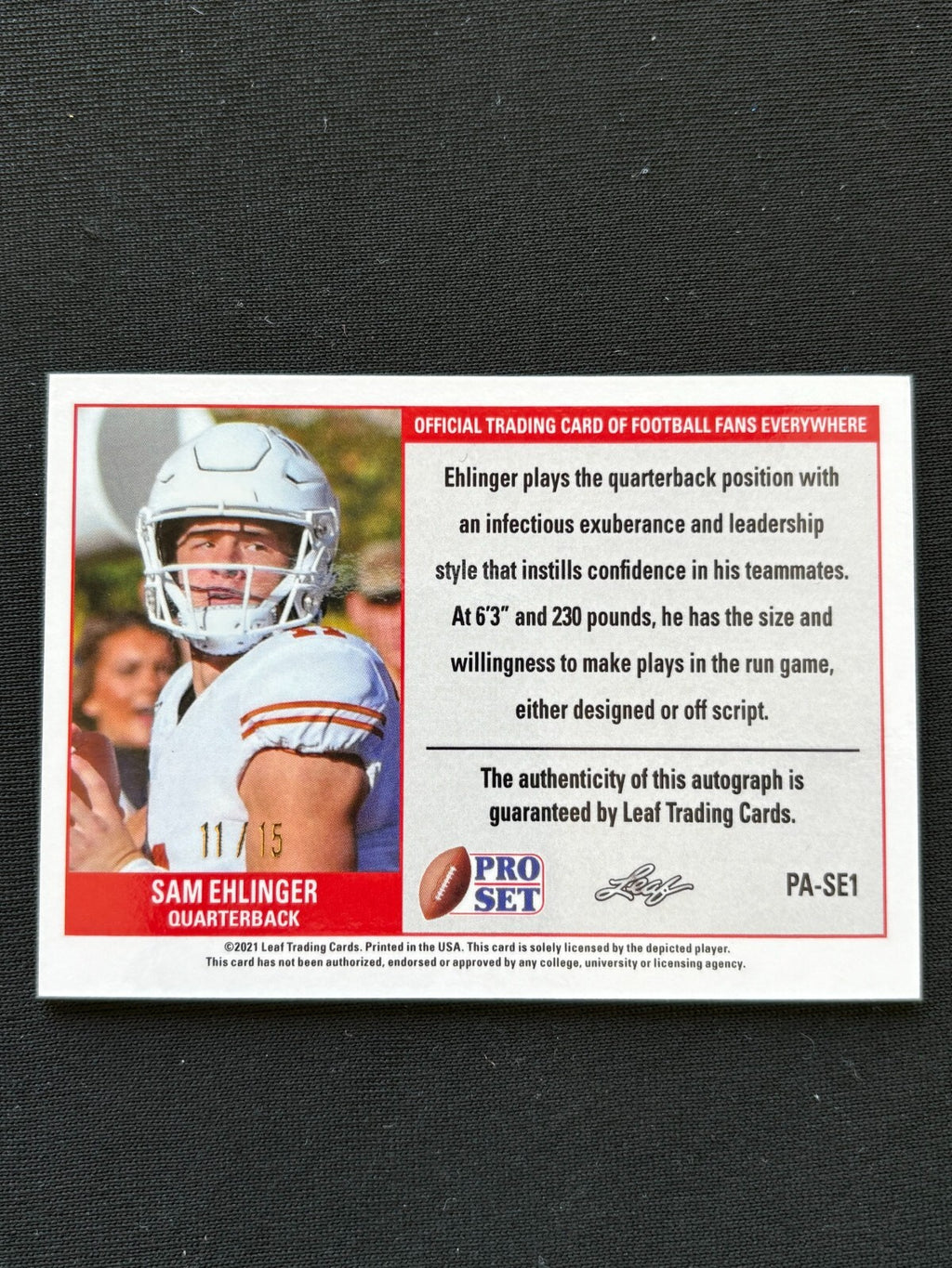 Sam Ehlinger 2021  Pro Set Orange Auto Autograph JERSEY # Texas Longhorns 11/15