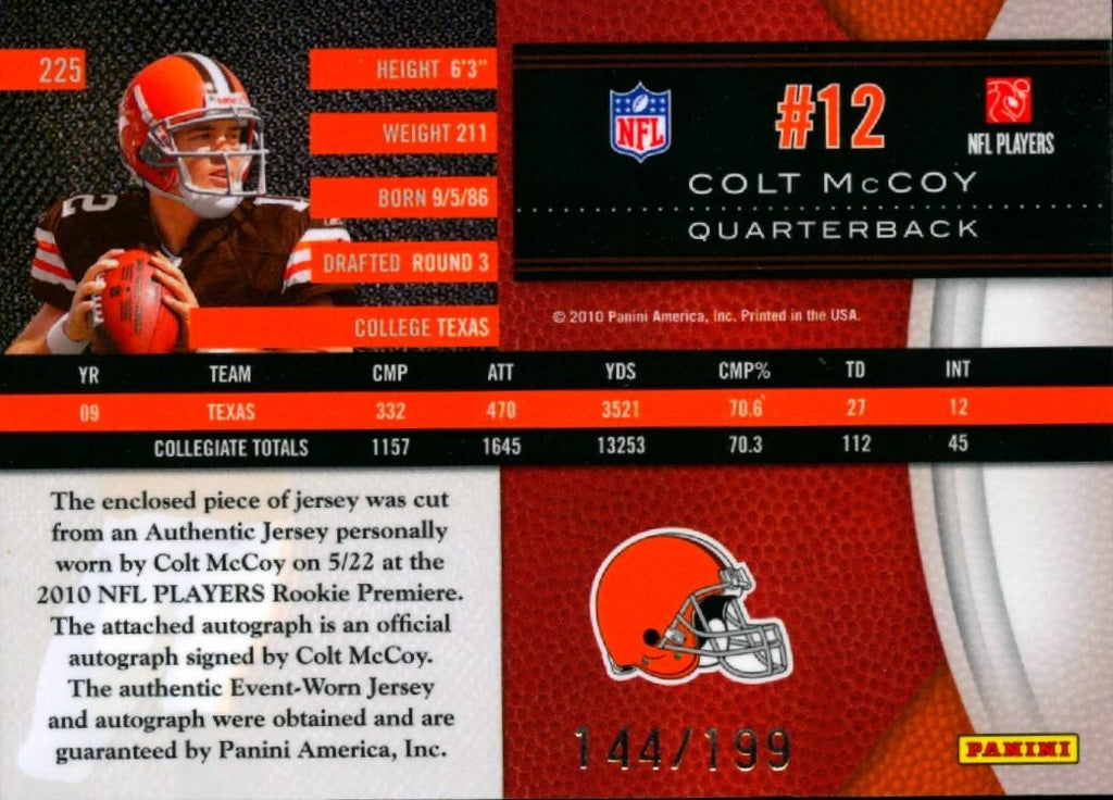 Colt Mccoy 2010 Limited Auto Autograph Patch Rookie Browns Texas Longhorns /199