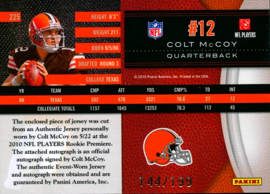 Colt Mccoy 2010 Limited Auto Autograph Patch Rookie Browns Texas Longhorns /199