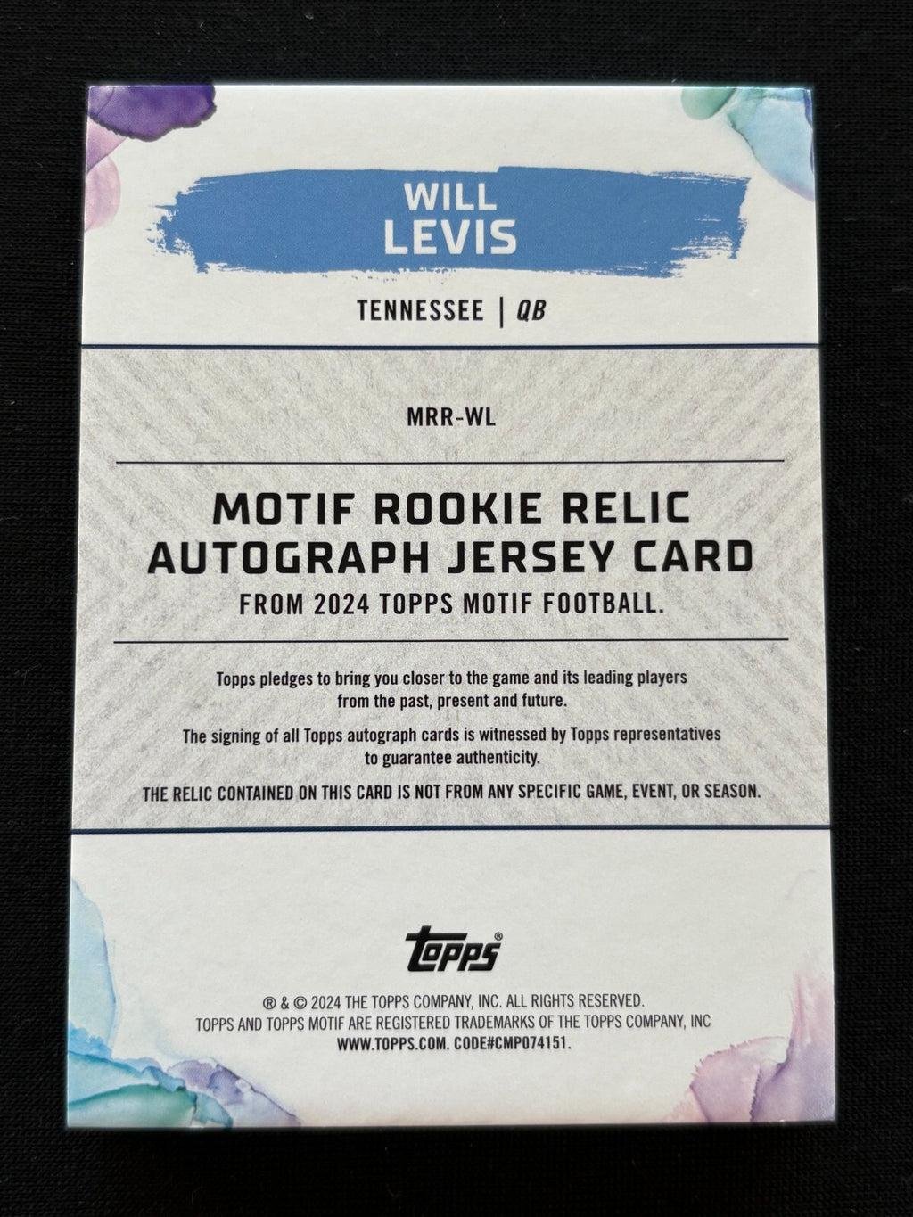 Will Levis 2024 Topps Motif Auto Autograph RC Helmet Relic Tennessee Titans 4/49