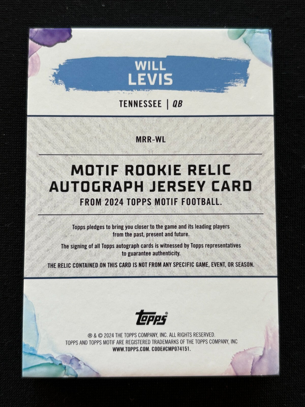 Will Levis 2024 Topps Motif Auto Autograph RC Helmet Relic Tennessee Titans 4/49