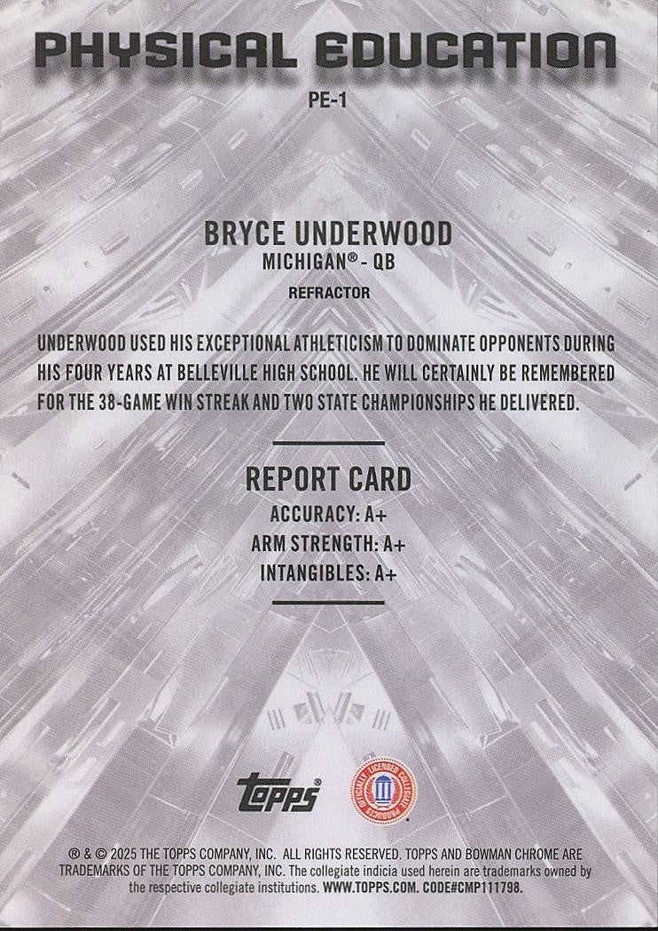 Bryce Underwood 2025 Bowman Chrome Physical Education SSP CASE HIT RC Michigan