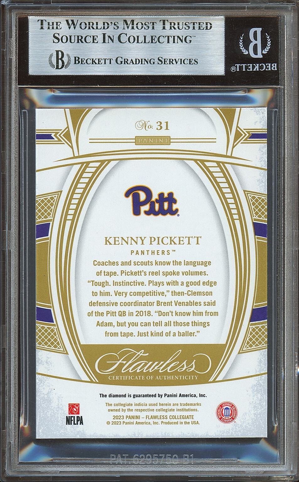Kenny Pickett 2023 Flawless Diamond Gem Pitt Pittsburgh Steelers 2/25 BGS 8