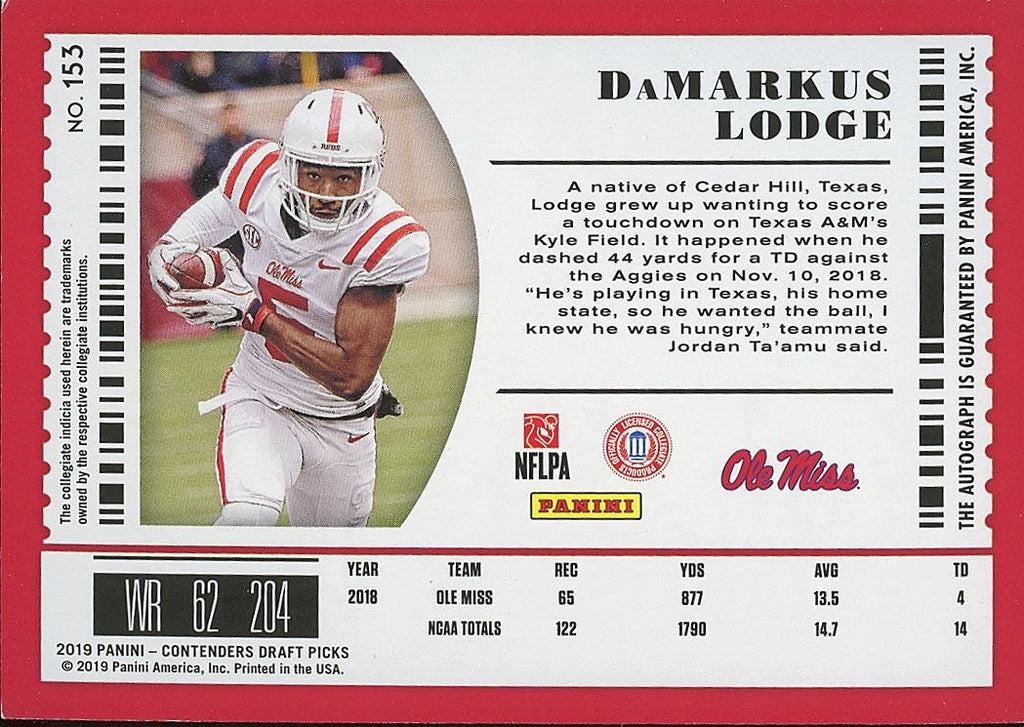 Damarkus Lodge 2019 Contenders Cracked Ice Auto Autograph RC Ole Miss 5/23