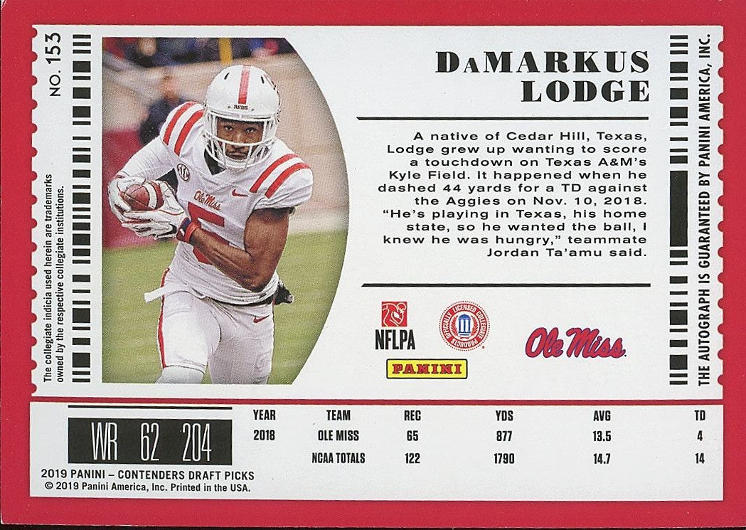 Damarkus Lodge 2019 Contenders Cracked Ice Auto Autograph RC Ole Miss 5/23