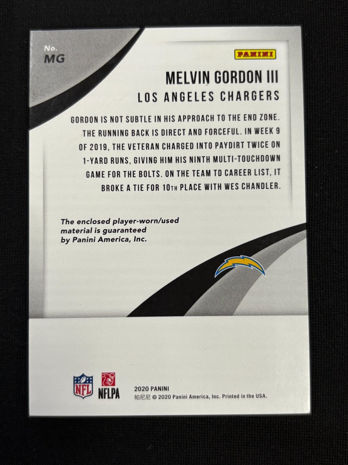 Melvin Gordon 2020 Panini Pro Bowl Prime Jumbo Patch Los Angeles Chargers 6/45