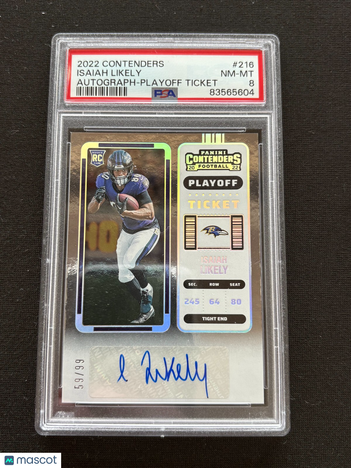 Isaiah Likely 2022 Contenders Auto Autograph RC Baltimore Ravens 59/99 PSA 8