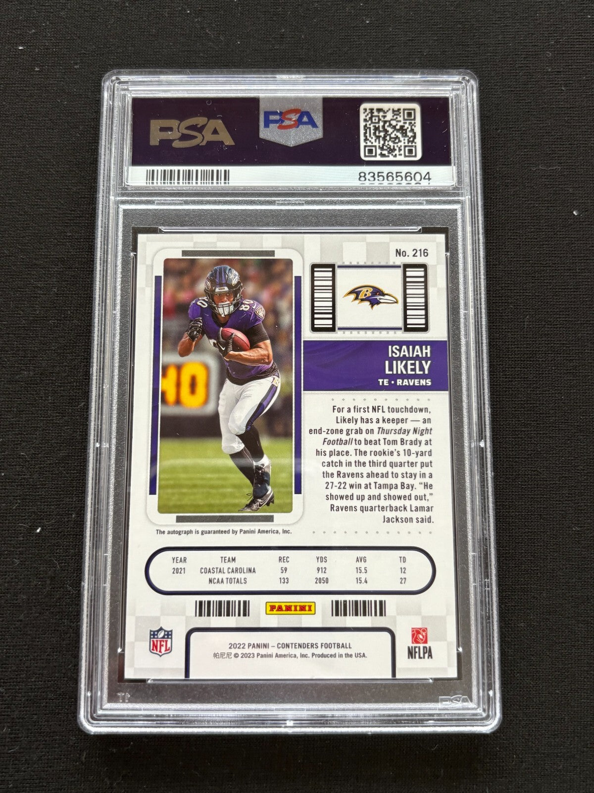 Isaiah Likely 2022 Contenders Auto Autograph RC Baltimore Ravens 59/99 PSA 8