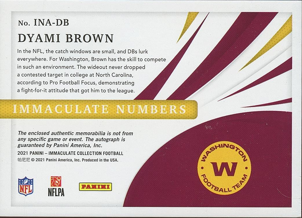 Dyami Brown 2021 Immaculate Auto Autograph Patch RC Washington Commanders 6/18