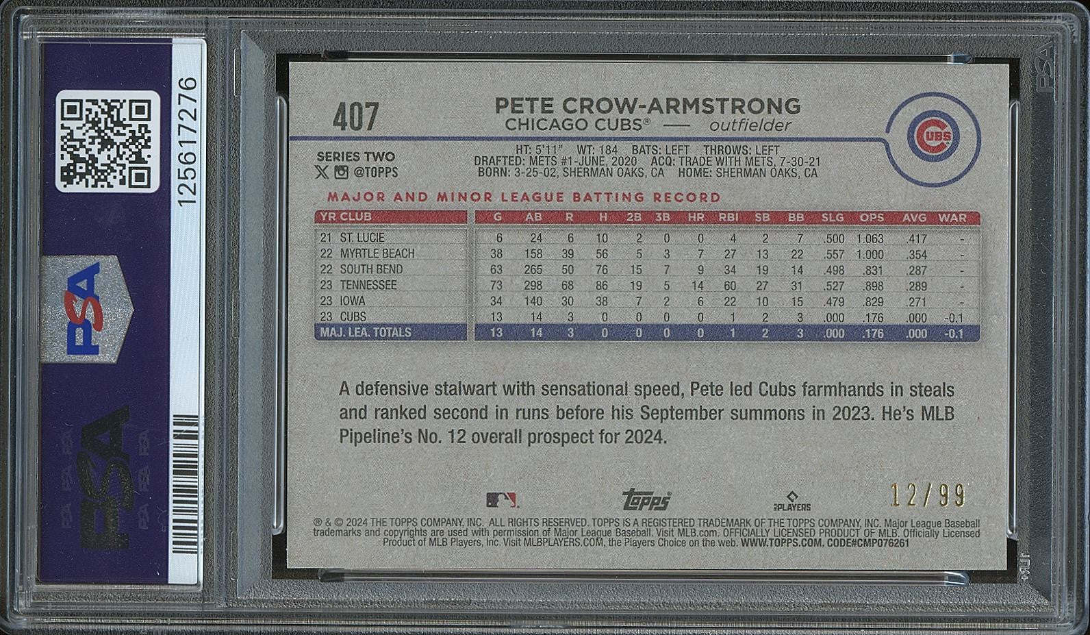 Pete Crow-Armstrong 2024 Topps Vintage Stock Rookie RC Chicago Cubs 12/99 PSA 10