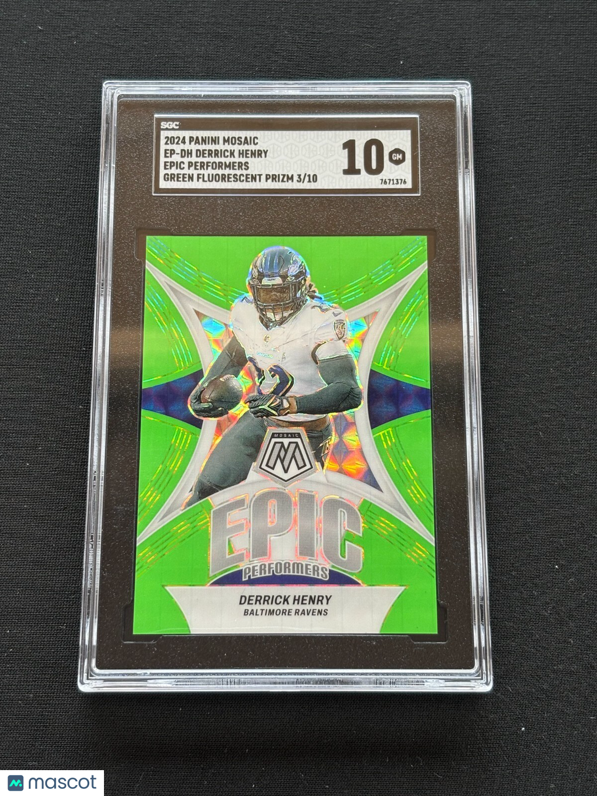 Derrick Henry 2024 Mosaic Epic Green Fluorescent Prizm SSP Ravens 3/10 SGC 10