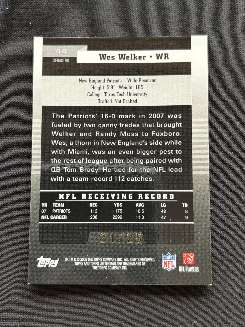 Wes Welker 2008 Topps Lettermen XFractor SSP New England Patriots 21/25