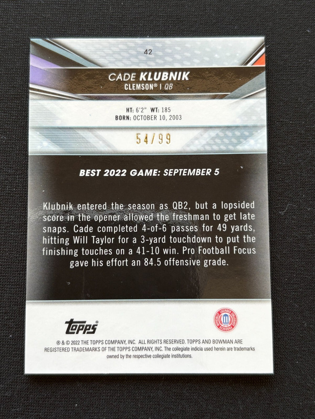 Cade Klubnik 2022 Bowman's Best Green Refractor RC Rookie Clemson Tigers 54/99