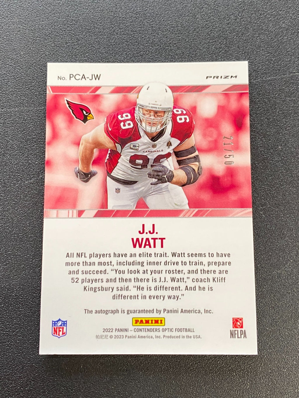 JJ Watt 2022 Contenders Optic On Card Auto Autograph Arizona Cardinals 21/50