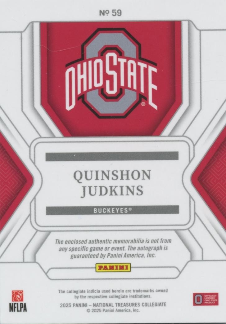 Quinshon Judkins 2025 National Treasures Auto Autograph Patch RC Ohio State 1/10