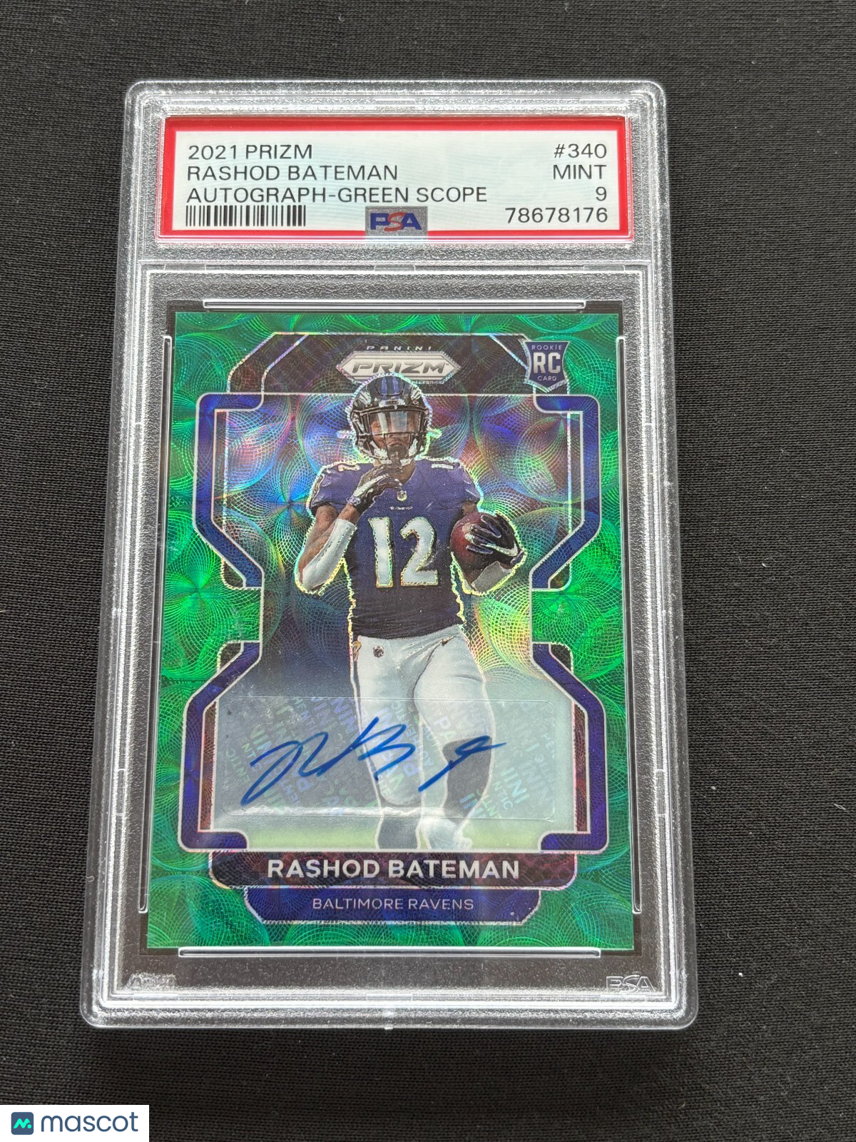 Rashod Bateman 2021 Prizm Auto Autograph Green Scope RC Ravens 16/75 PSA 9