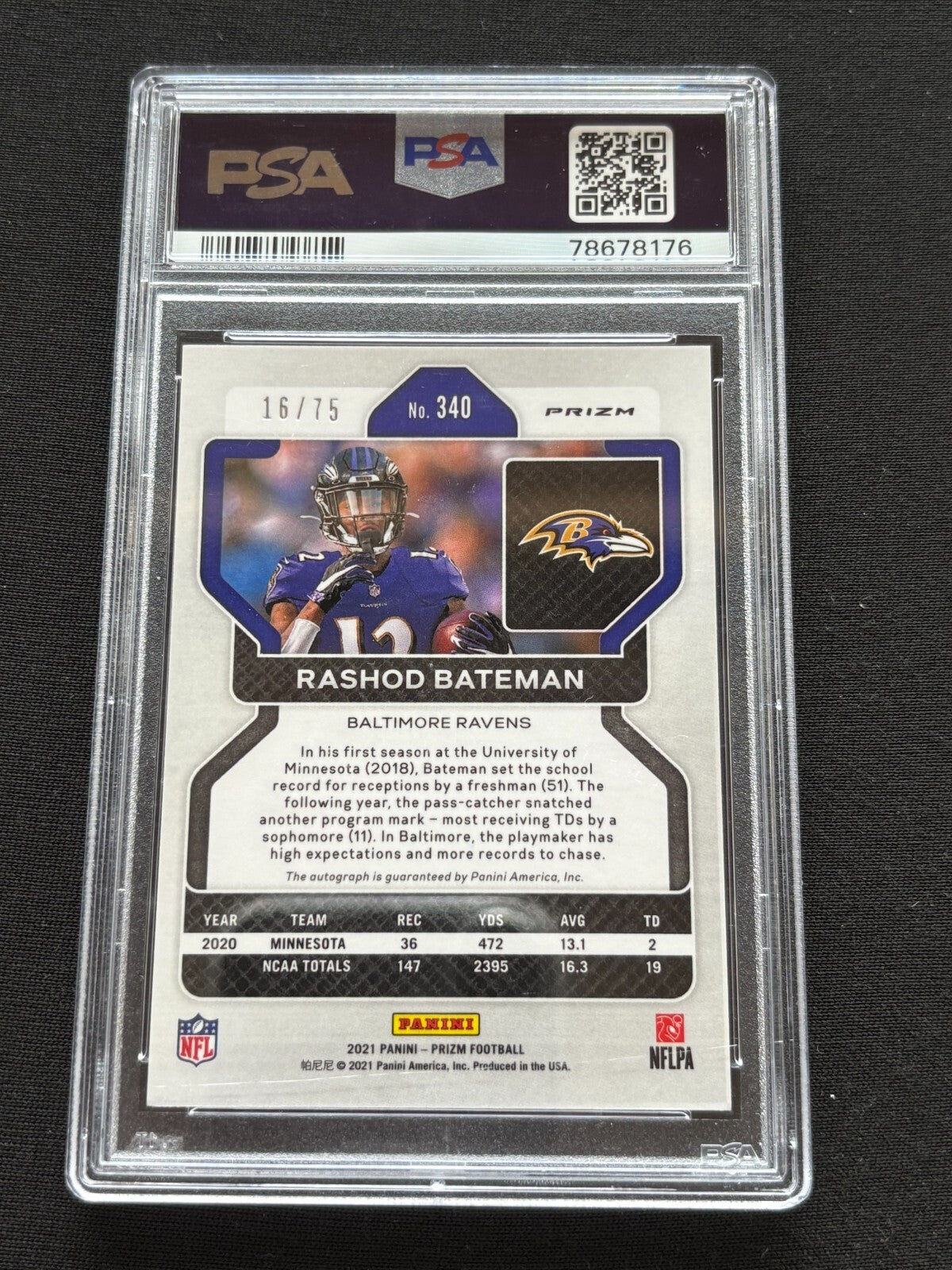 Rashod Bateman 2021 Prizm Auto Autograph Green Scope RC Ravens 16/75 PSA 9