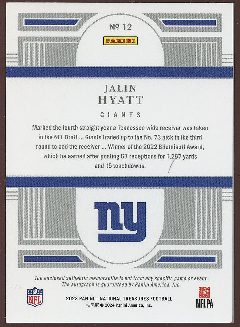 Jalin Hyatt 2023 National Treasures Auto Autograph Patch RC New York Giants 5/13