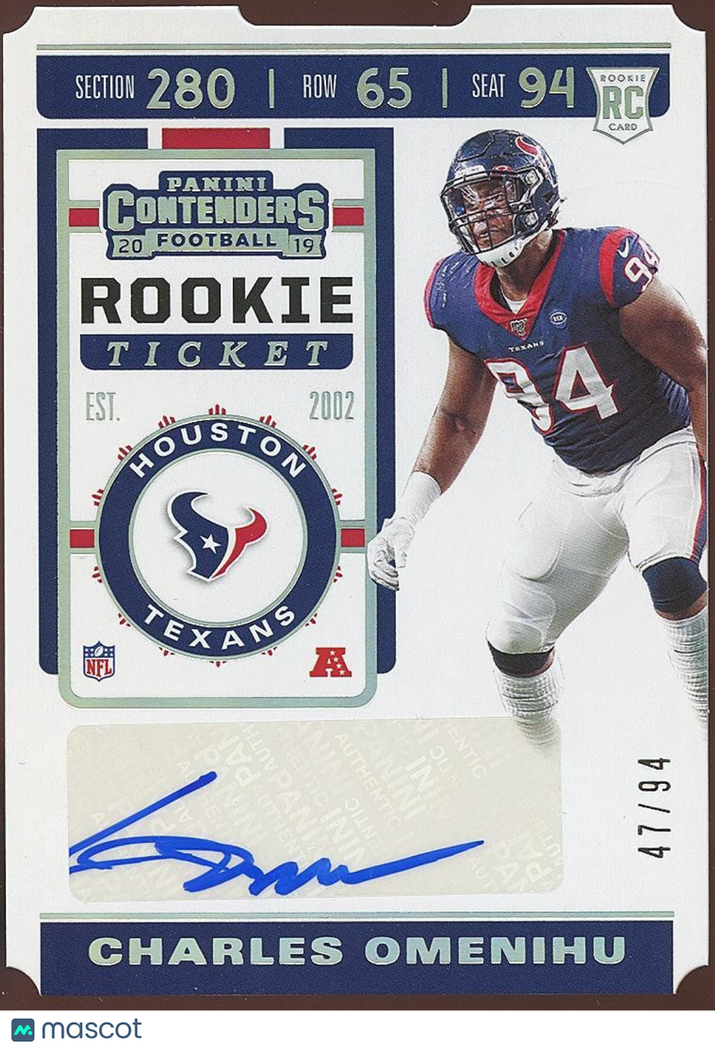 Charles Omenihu 2019 Contenders Auto Autograph Ticket Stub RC Texans 47/94