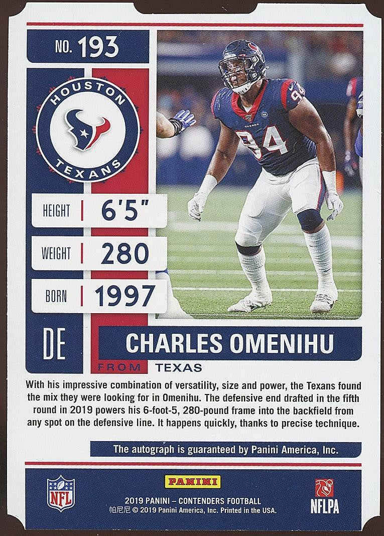 Charles Omenihu 2019 Contenders Auto Autograph Ticket Stub RC Texans 47/94